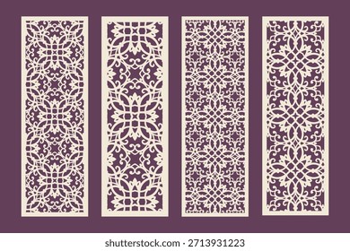 Set of Decorative Vertical Laser Cut Panels. Ornate Privacy Screen or Room Divider Vector Template.