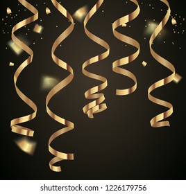 Set of decorative vertical serpentine for holiday decoration. Vector illustration. Realistic golden ribbons on black background
