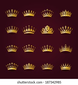 Set of decorative victorian gold crowns for design. In vintage style. Vector illustration EPS10.