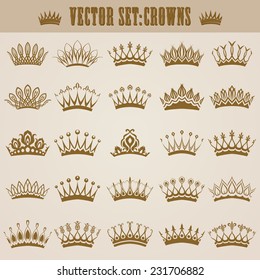 Set of decorative victorian gold crowns for design. In vintage style. Vector illustration.