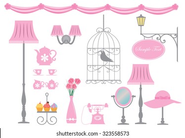 A set of decorative vintage accessory designs in cartoon style to serve as wall decals for girly rooms