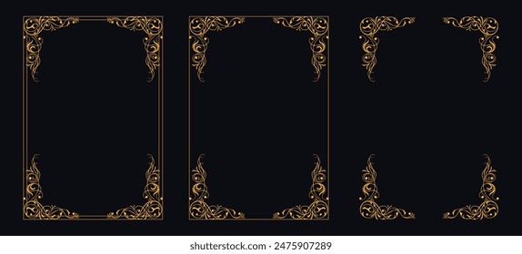 Set of Decorative vintage borders and frames, floral ornament, vector design, Gold floral ornament, Wedding and restaurant menu, photo frame floral for picture