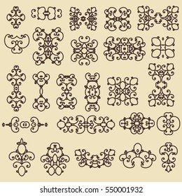Set of decorative vintage elements. For business cards, posters, logos, postcards, design. Vector illustration