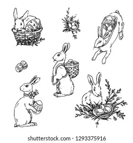 Set decorative vintage elements  Easter bunnies   eggs  Sketch  Engraving style  Vector illustration 