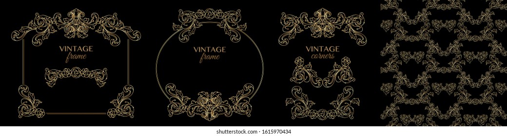 Set of decorative vintage elements. Hand drawn thin golden line frames and seamless retro pattern. Stylish baroque design. Elegant golden floral elements isolated on black background. Vector.