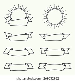 Set of decorative vintage elements. Ribbon and hipster round badge with sunbeams. Border and frame. 