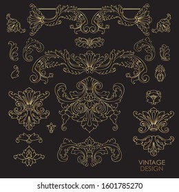 Set of  decorative  vintage  elements.  Stylish baroque design. Elegant golden floral elements isolated on black baclground. Vector.