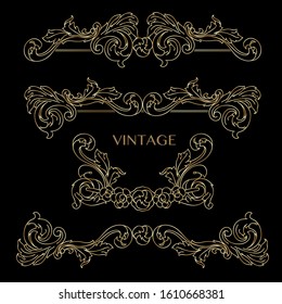 Set of decorative vintage elements. Stylish baroque design. Elegant golden floral elements isolated on black baclground. Vector.