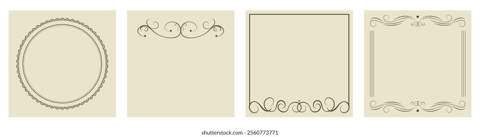 Set of decorative vintage frame or border with copy space and swirls divider. Templates for covers, invitations, menu. Vector layout in retro colors