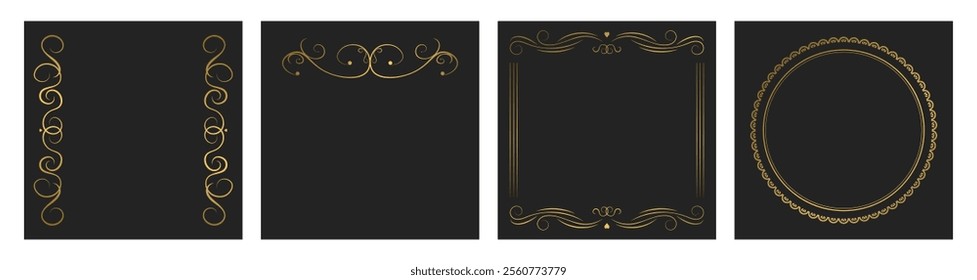 Set of decorative vintage frame or border with copy space and swirls divider. Templates for covers, invitations, menu. Gold vector layouts on black backgrounds