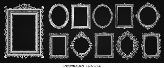Set of Decorative vintage frames and borders set,Oval metal photo frame with corner Thailand line floral for picture, Vector design decoration pattern style. border design is pattern Thai art style
