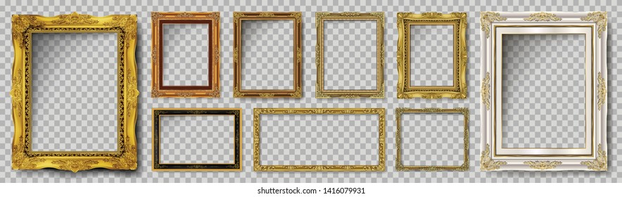 Set of Decorative vintage frames and borders set,Gold photo frame with corner Thailand line floral for picture, Vector design decoration pattern style. border design is pattern Thai art style