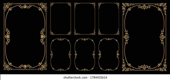 Set of Decorative vintage frames and borders on Black bacground, Gold photo frame with corner Thailand line floral for picture, Vector design decoration pattern style