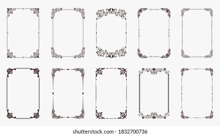 Set of Decorative vintage frames and borders set. Vintage calligraphic frames. Decorative wedding frames, antique museum picture borders or deco devider. Isolated icons vector set