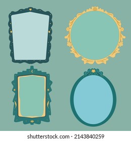 Set of decorative vintage frames and borders. Mirrors in retro style, decorated with carved plants and flowers. Elegant labels. Drawn by hand in flat style.