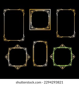 Set of decorative vintage frames and borders set, Gold photo frames with corners Thai floral outline for pictures, Vector design decorative pattern style. The border design is a black background art