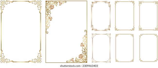 Set of Decorative vintage frames and borders set. Gold photo frame for picture. Vector border design.