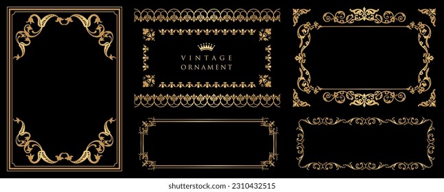 Set of Decorative vintage frames and borders set. Vector medieval border illustration. Gold photo frame.