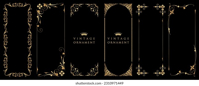 Set of Decorative vintage frames and borders set. Gold photo frame. Vector medieval border illustration.