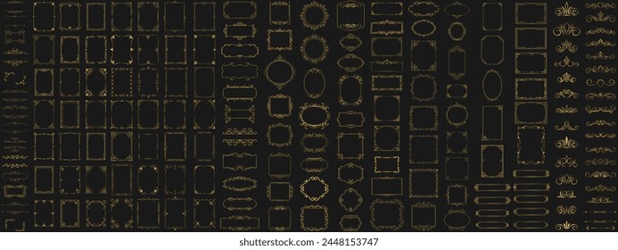 Conjunto de marcos decorativos vintage y bordes sobre fondo negro, marco de la foto de oro con la línea de Tailandia marco floral de la esquina para la imagen, estilo de la decoración del diseño del Vector. Arte tailandés