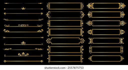 Set of Decorative vintage frames and borders set. Gold Ornate vintage frames and scroll elements. Classic calligraphy swirls, swashes