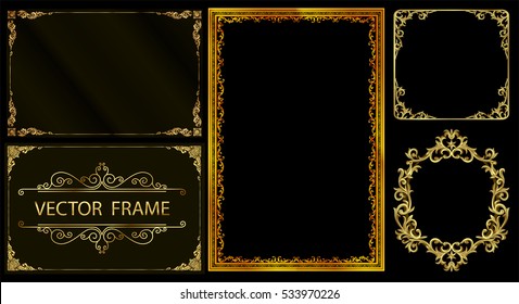 Set of Decorative vintage frames and borders set,Gold photo frame with corner thailand line floral for picture, Vector design decoration pattern style. border design is pattern Thai style