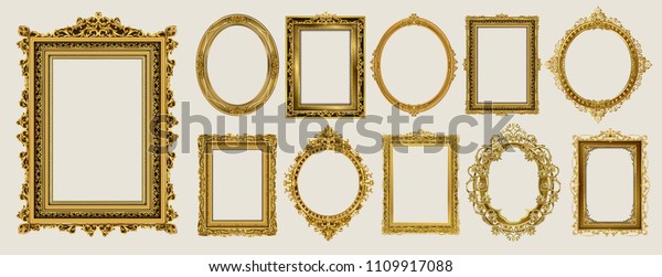 装飾的なビンテージフレームと縁取りセット タイの角の線花柄を持つ楕円 形の金色のフォトフレーム ベクター画像デザインデコレーションパターンスタイル 枠のデザインはタイの絵柄である のベクター画像素材 ロイヤリティフリー