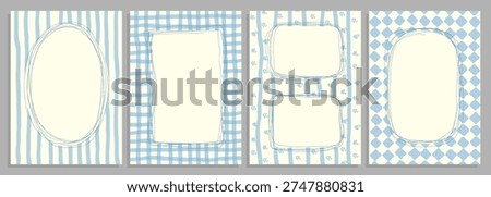 Set of decorative vintage frames and cards in pastel blue tones with stripes, check and diamond patterns. Perfect for invitations, scrapbooking, labels, greeting cards and stationery design.