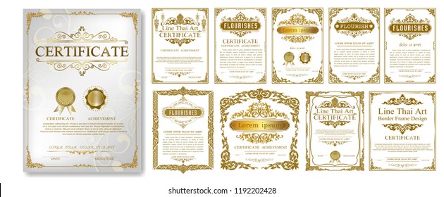 Set of Decorative vintage frames and Certificate borders set,Gold photo frame with corner Thailand line floral for picture, Vector design decoration pattern style. border design is pattern