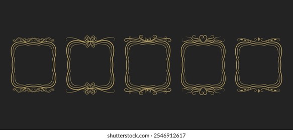 Conjunto de marcos vintage decorativos con rizos decorados con oro. Rizos clásicos, trazos en el Vector. Boda Anuncio, etiqueta	