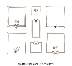 Set of decorative vintage frames with hearts. Elements for Valentine's Day, birthday, wedding. Doodles, sketch for your design. Vector illustration.
