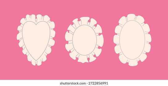 Set aus dekorativen Vintage-Rahmen mit gewellten Rüschen. Flache Vektorgrafik. Herz- und ovalförmige Zierrahmen für Einladungen, Grußkarten, Valentinstag und Hochzeitsdesigns.