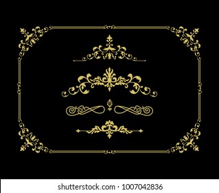 Set of  decorative vintage gold thin dividers. Vintage elements for your design. Thin gold beautiful decorative vintage frame for your design.  Vector illustration.