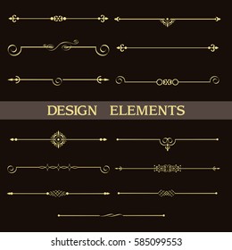 Set of decorative vintage golden dividers.Vector elements for your design on black background. Calligraphic design elements and page decoration