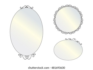 Set of decorative vintage mirror. Isolated mirrors set on white background. Flat style vector illustration. Mirror frames.