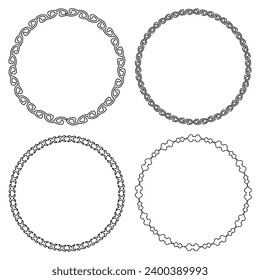 Set of decorative vintage openwork circle frames. Ornate round border on white background. Classic style tracery pattern. Vector illustration