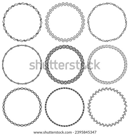 Set of decorative vintage openwork circle frames. Ornate round border on white background. Classic style pattern. Vector illustration	