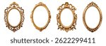 Set of decorative vintage oval gold frame png, golden photo frame on a transparent cut-out background