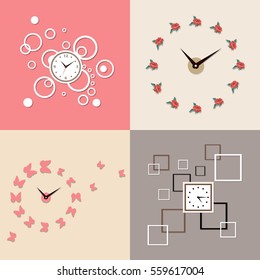 Set of decorative wall clock.Four different types of dial: in the shape of roses, butterflies, squares and circles. It can be used for simulation of interior design. Vector illustration.