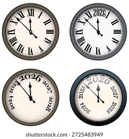 Set of decorative wall clocks showing midnight countdown to the year 2026, ideal for festive New Year themes. Vector illustration.