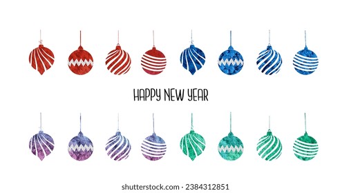 Set of decorative watercolor Christmas balls isolated on white background, illustration.