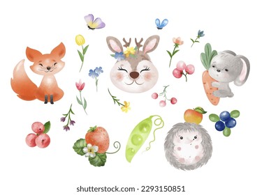 Set of decorative watercolor elements  animals plants. Isolate on a white background. Vector illustration.