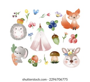 Set of decorative watercolor elements forest animals. Isolate on a white background. Vector illustration. For children.