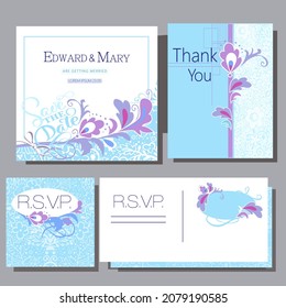 set of decorative wedding invitation cards with folk painting