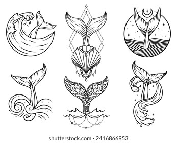 Set of decorative whale tails with seawater. Collection of whale or killer whale tails with ocean shell and geometric. Boho sea creatures. Stylized fish tails. Vector illustration on white background.