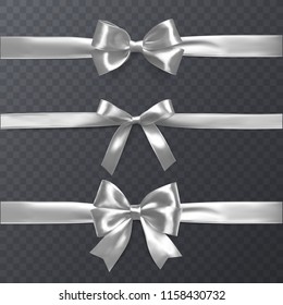 Set of decorative white bows with horizontal ribbon isolated on transparent background, bow and ribbon for gift decor, vector illustration