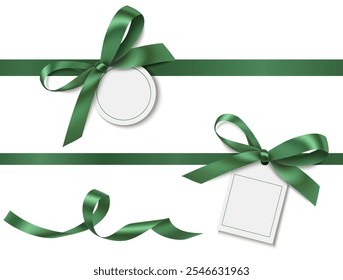 Set of decorative white empty price tag template with green bow and horizontal green ribbon isolated on white. New Year or Christmas decoration for winter sale design. Vector stock illustration.