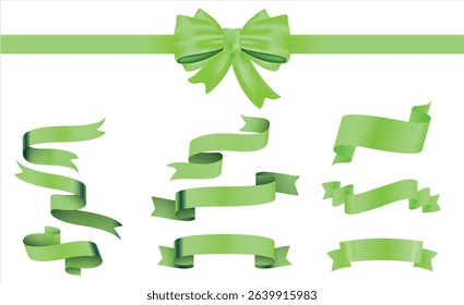 Set of decorative white empty price tag with green bow and horizontal green ribbon isolated on white. New Year or Christmas decoration for winter sale design, Eco tags, Discount and labels stickers. 