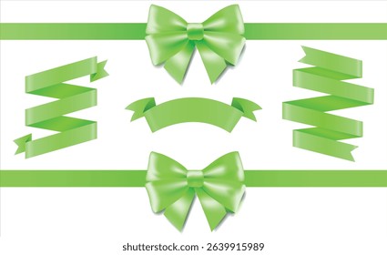Set of decorative white empty price tag with green bow and horizontal green ribbon isolated on white. New Year or Christmas decoration for winter sale design, Eco tags, Discount and labels stickers. 