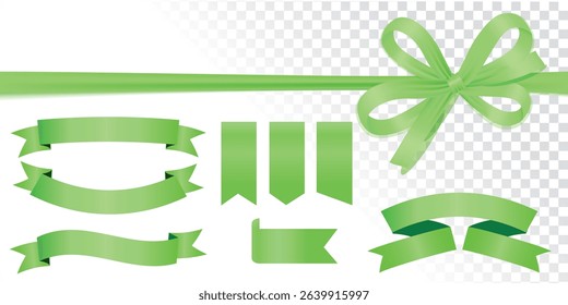 Set of decorative white empty price tag with green bow and horizontal green ribbon isolated on white. New Year or Christmas decoration for winter sale design, Eco tags, Discount and labels stickers. 